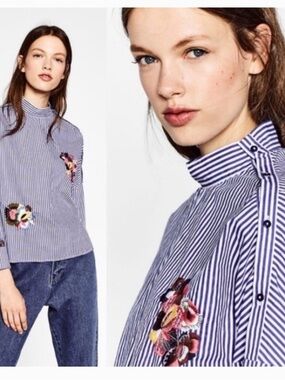 Zara Blue and White Striped Blouse